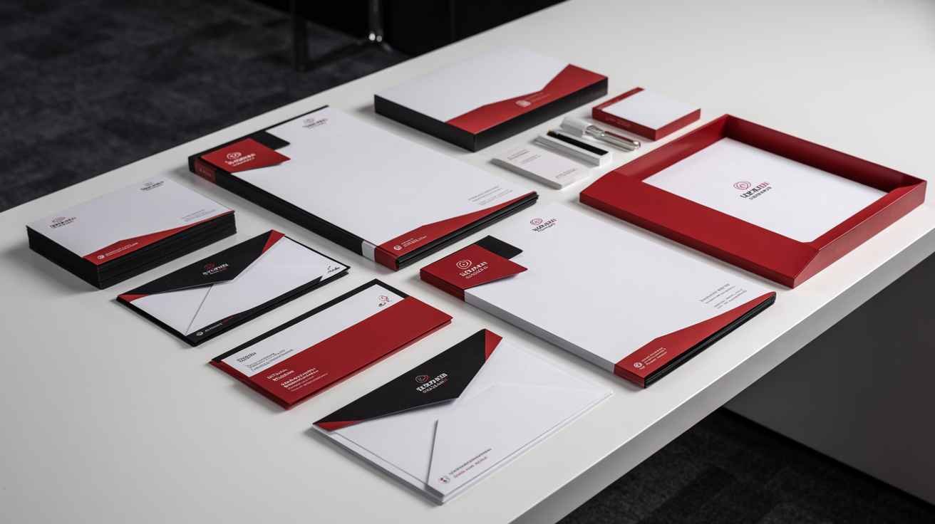Corporate branding materials including business cards brochures and stationery
