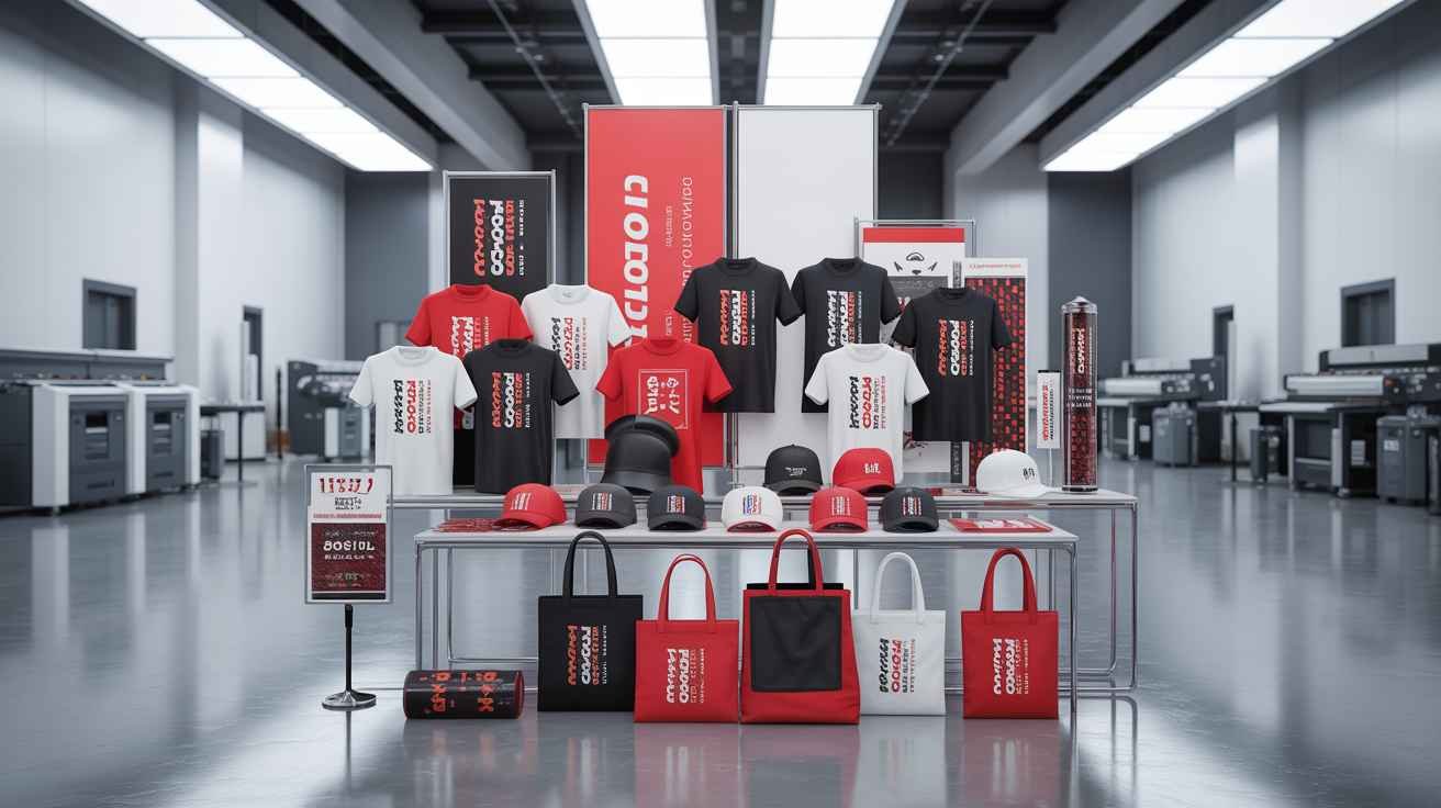 Event merchandise including printed t shirts caps bags and promotional apparel