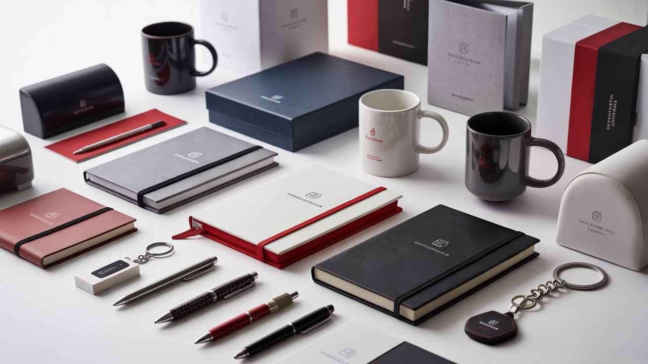 Promotional corporate gifts including mugs pens keychains portfolios and gift boxes